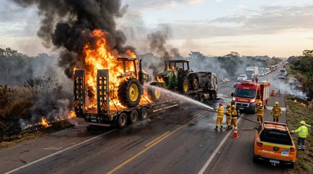 Incêndio destrói caminhão carregado com tratores e bloqueia totalmente a BR-364 em Pimenta Bueno