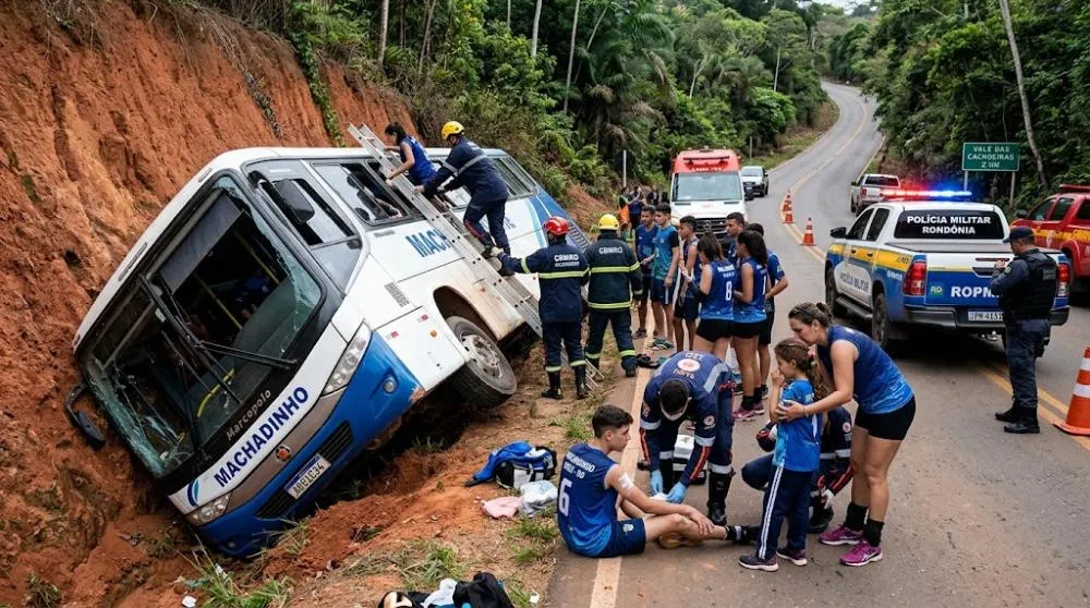 Ônibus com equipe de vôlei de Machadinho d’Oeste tomba em passeio em Rondônia