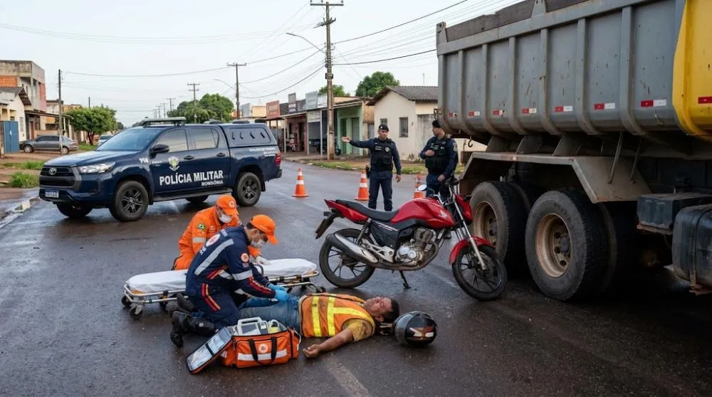 Mototaxista fica gravemente ferido após colisão com caminhão-caçamba em Porto Velho